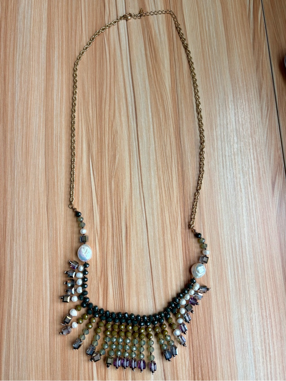 Long Beaded Fringe Statement Necklace - Green, Purple, gray & Black